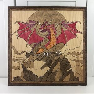 Handmade Wood Dragon Mosaic Inlay Wall Hanging Art Plaque Sign Medieval Decor!